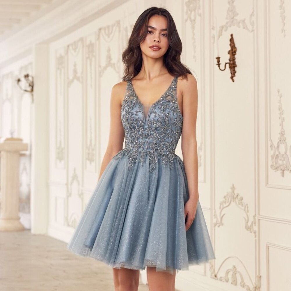 NEW SHORT FORMAL SLEEVELESS A-LINE TULLE DRESS EMBROIDERED W/ BEADS CD CY022